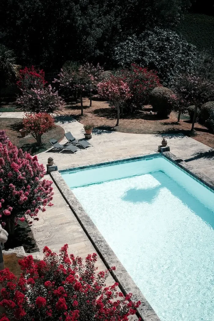 Piscine entourée d’une terrasse minérale et de massifs fleuris méditerranéens.